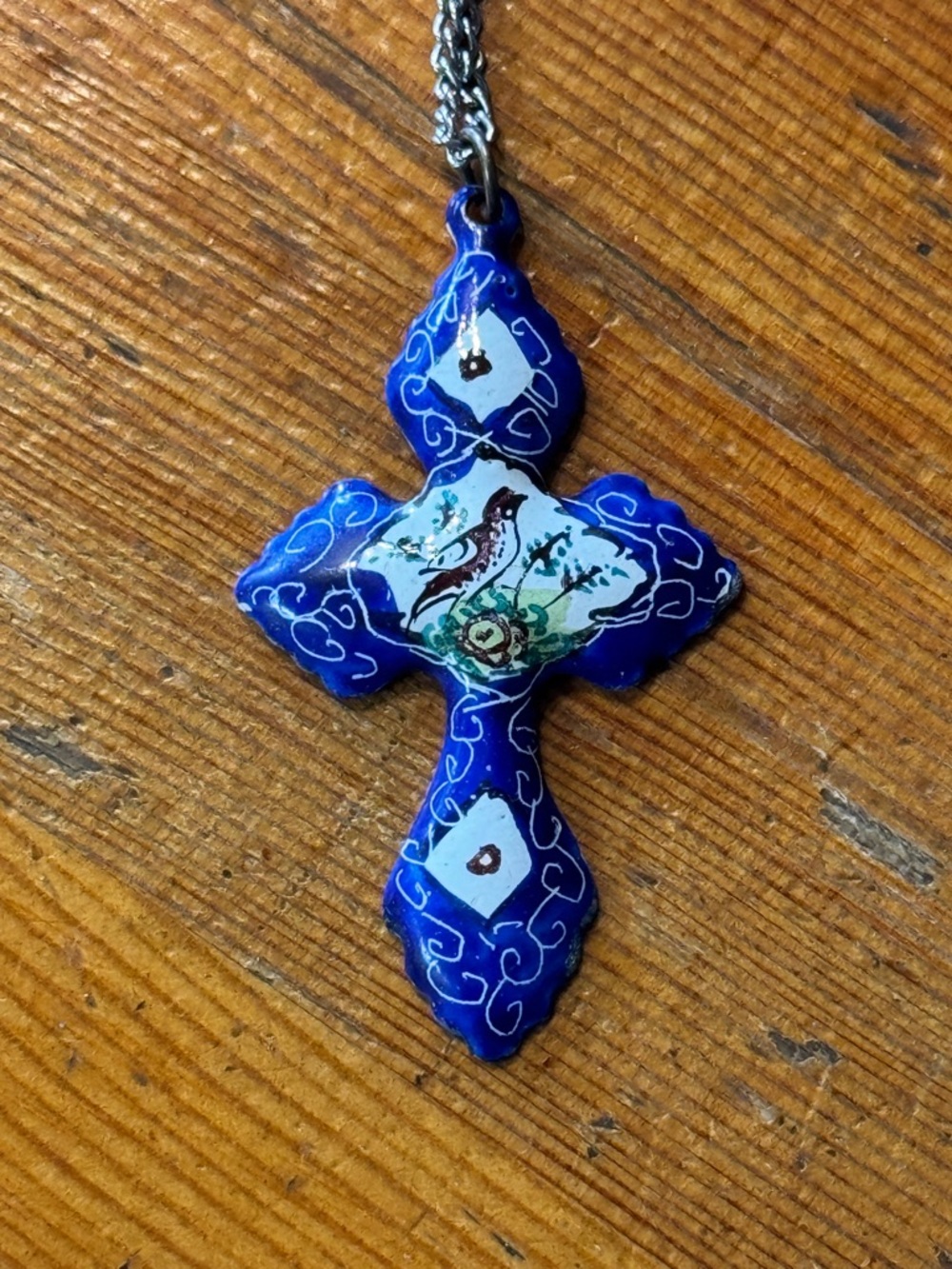 Hand-Painted Blue Enamel Cross Pendant Necklace with Bird Motif